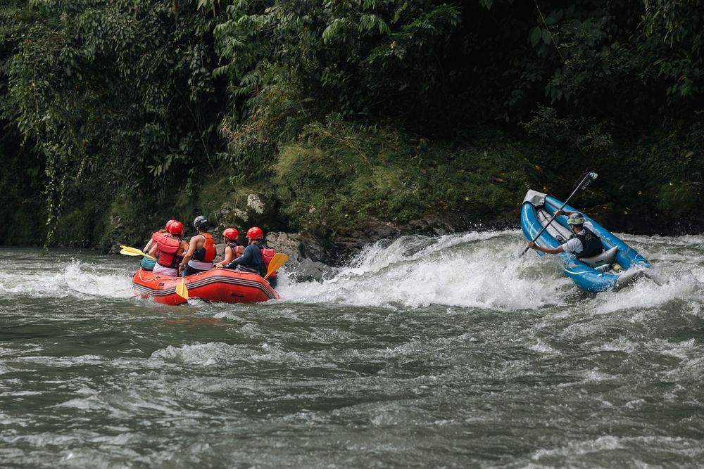 Multiple rafts and kayaks tackle challenging whitewater rapids surrounded by lush forest.