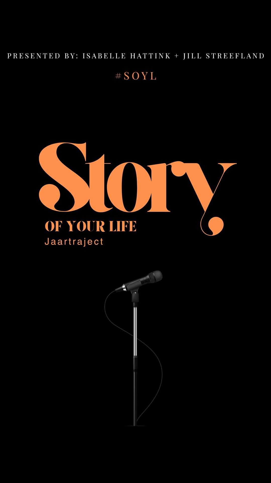 A series of black and orange typographic designs featuring the word 'Story' with microphone silhouettes on dark backgrounds.