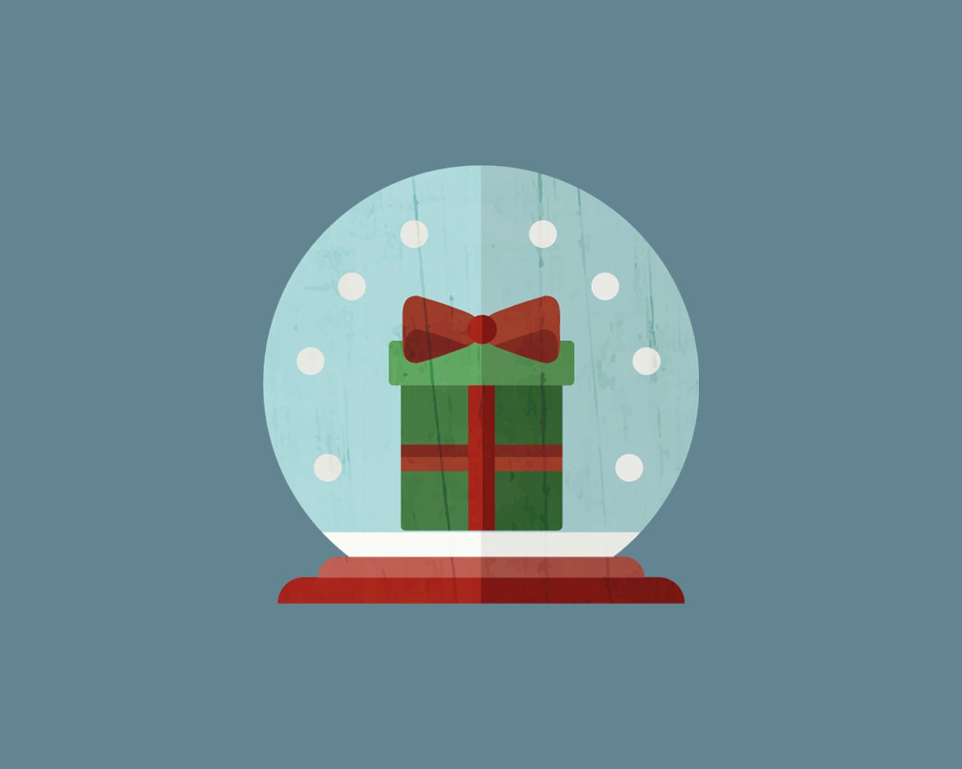 Minimalist illustration of five Christmas-themed icons on a teal background showing presents and snow globes.