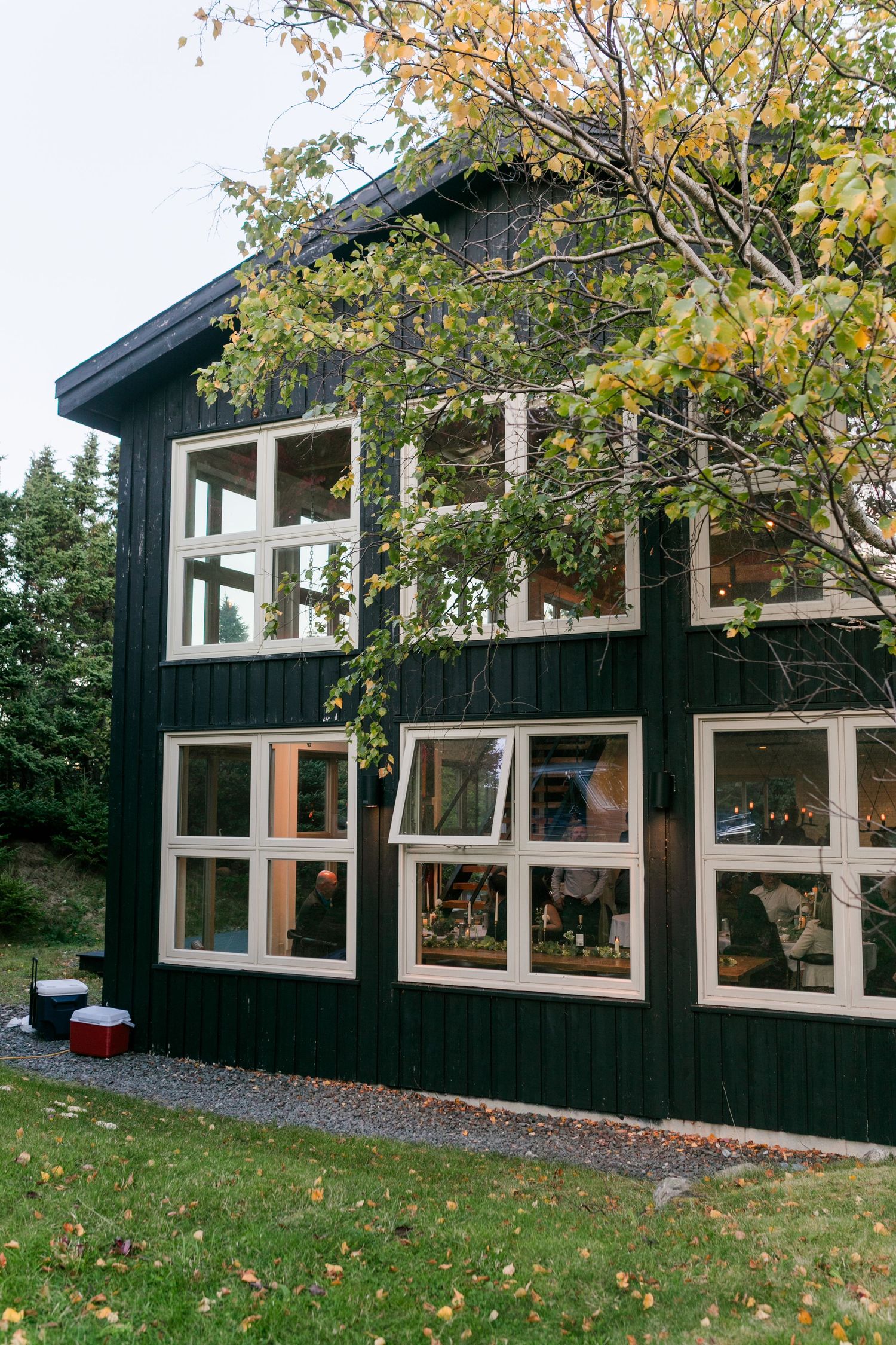 Modern black house exterior with large white-framed windows surrounded by autumn trees and fallen leaves on the lawn.