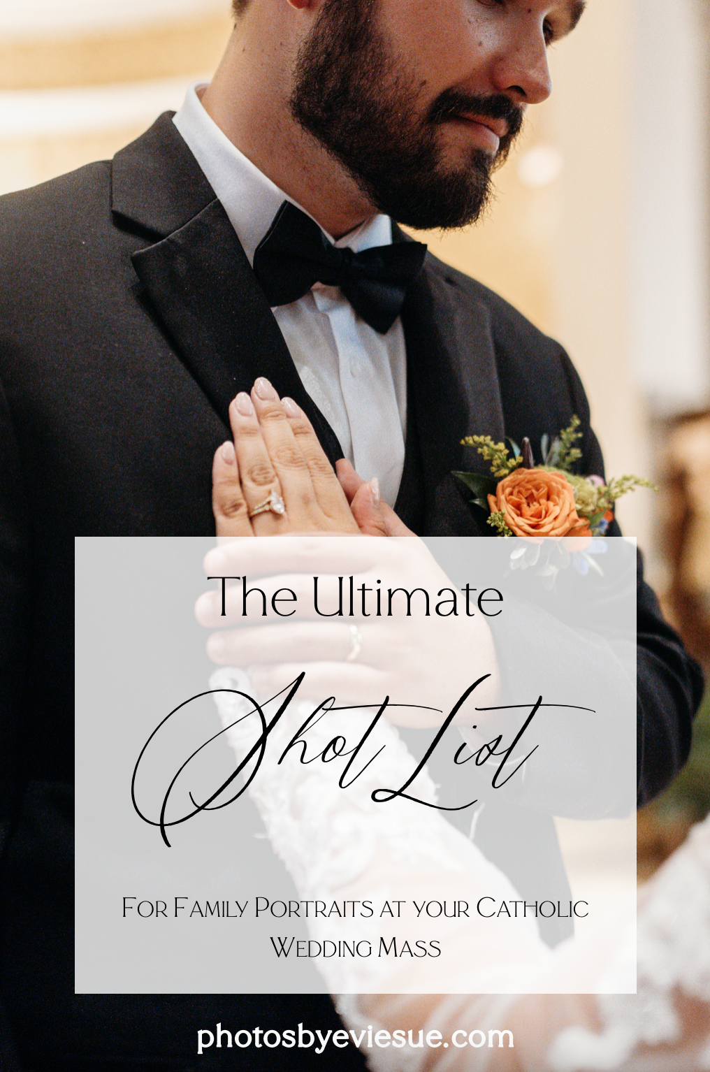 Close-up shots of wedding details including black tuxedo, peach boutonniere, and calligraphy text for Catholic wedding mass.