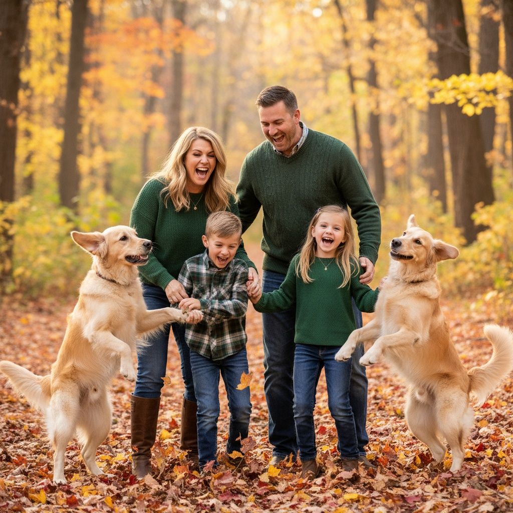 Family and golden retriever dogs play together in autumn forest with fallen leaves on a sunny day.