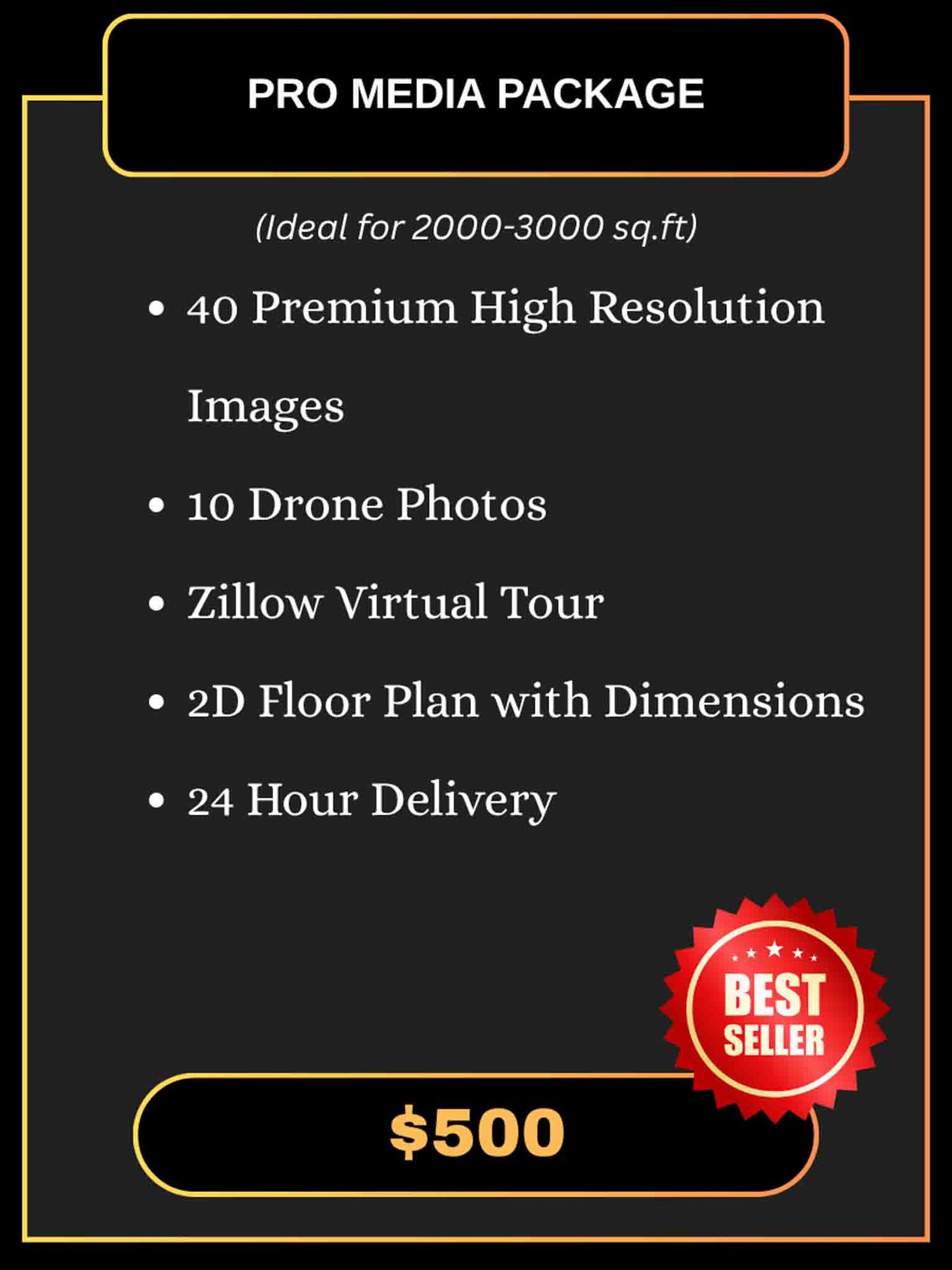 Pro media package offering featuring virtual tours and drone photography for mid-sized properties.