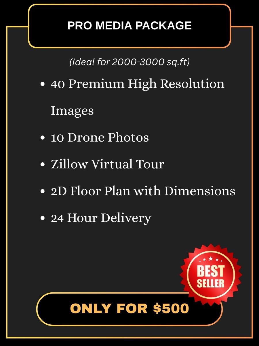 Pro media package offering featuring virtual tours and drone photography for mid-sized properties.