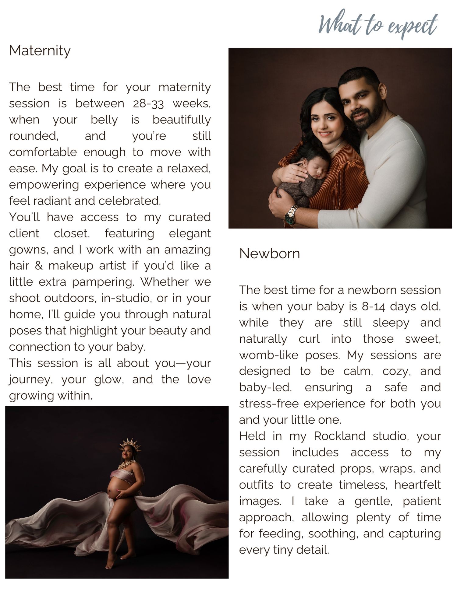 Professional maternity photography guide showing two styled photo examples with warm brown and neutral tones.