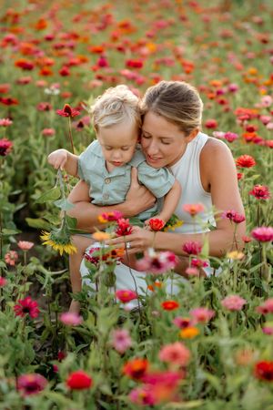A tender outdoor moment shown through three similar photos of figures nestled among vibrant pink and red zinnia flowers.