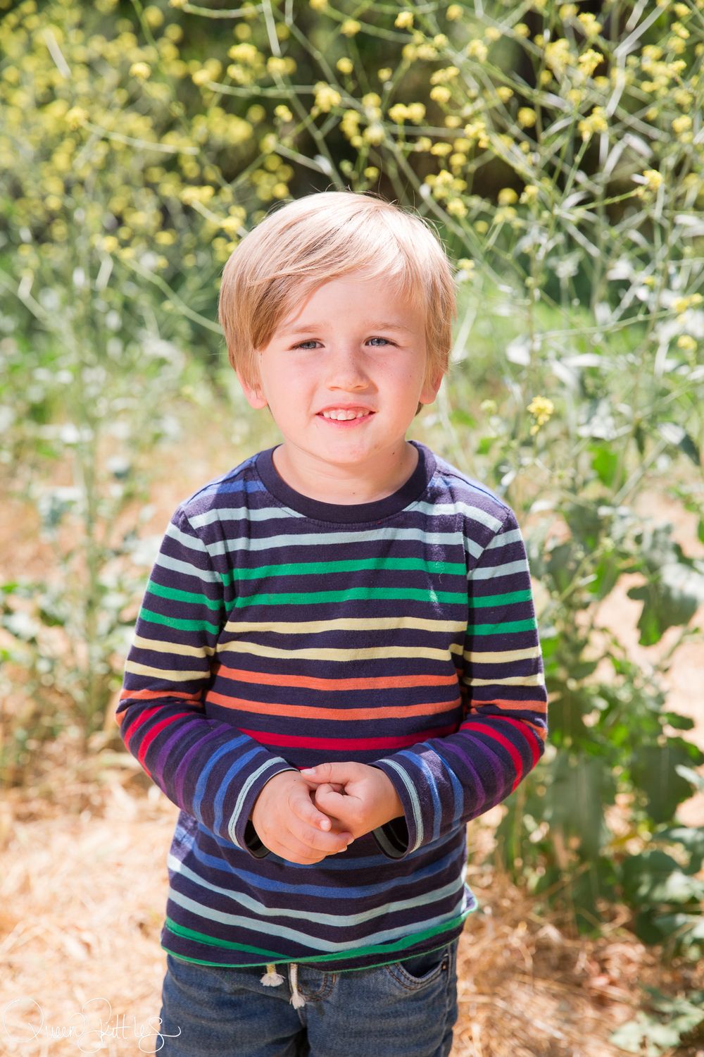 A colorful striped sweater against a blurred yellow floral background in outdoor setting.