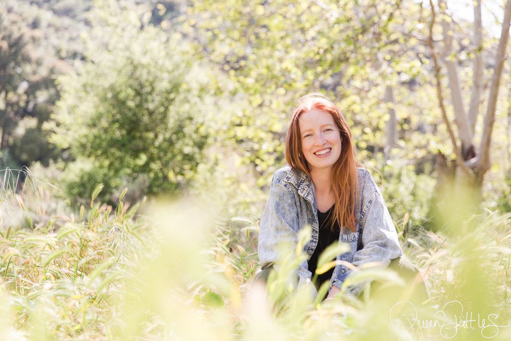 A series of five outdoor lifestyle photos showing someone sitting and smiling in a natural sunlit wooded setting.