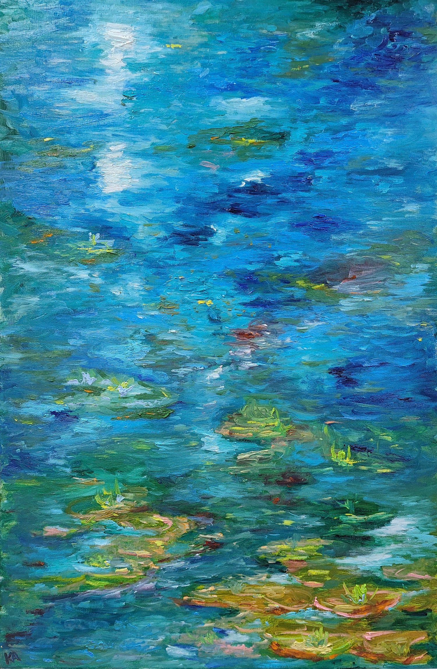 Abstract painting with swirling blues, greens and hints of orange creating an underwater or oceanic atmosphere.