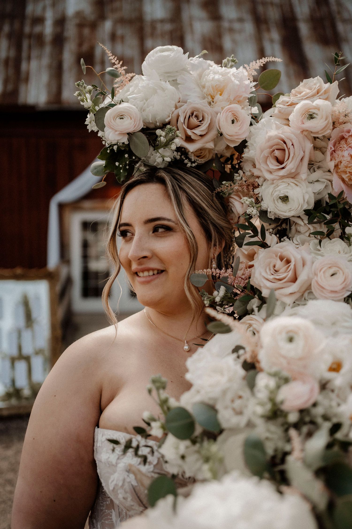 Bride bouquet and wedding florals Muskoka Ontario barn wedding