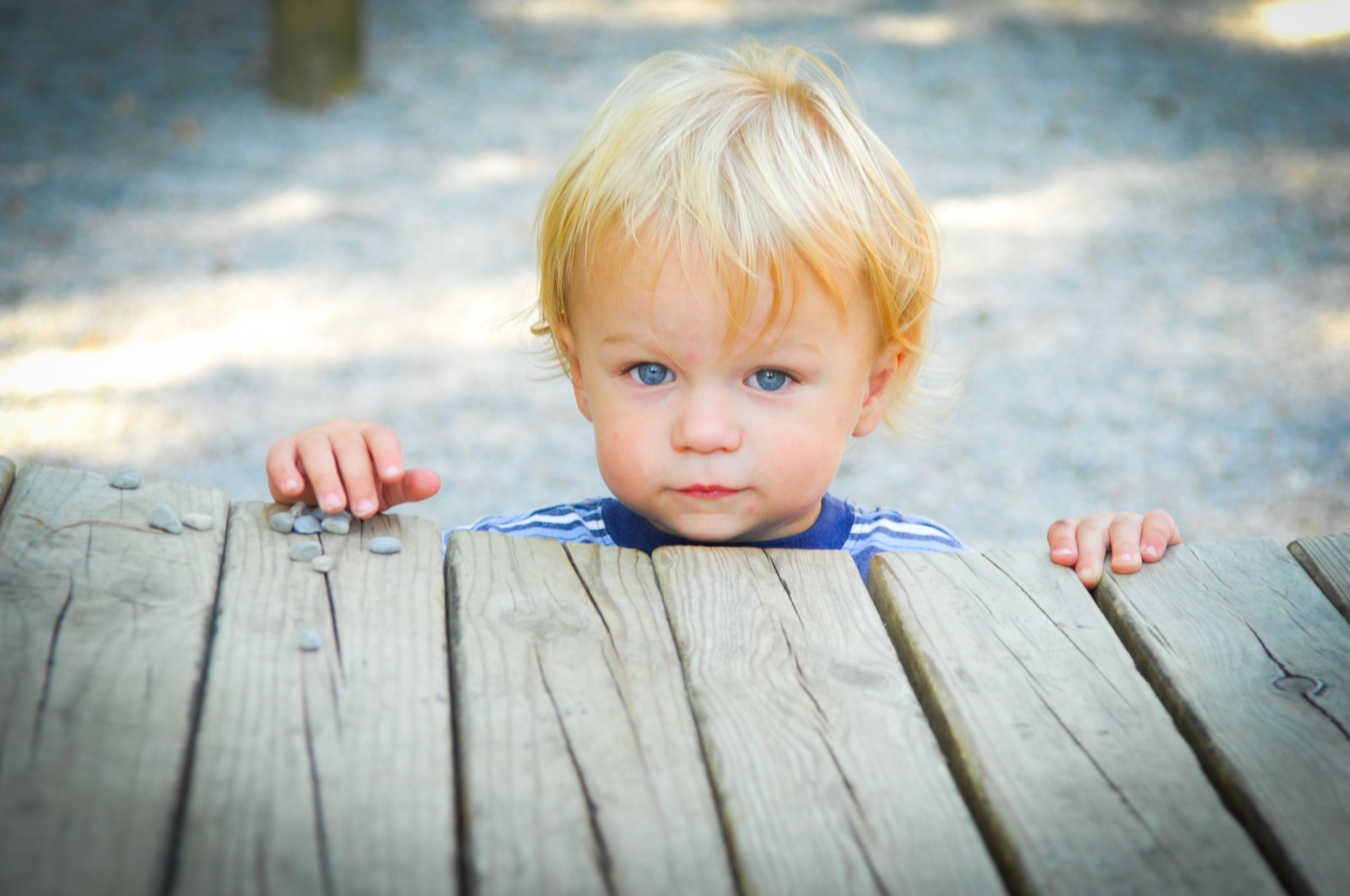 A toddler peeking over wooden deck boards on a sunny day.
