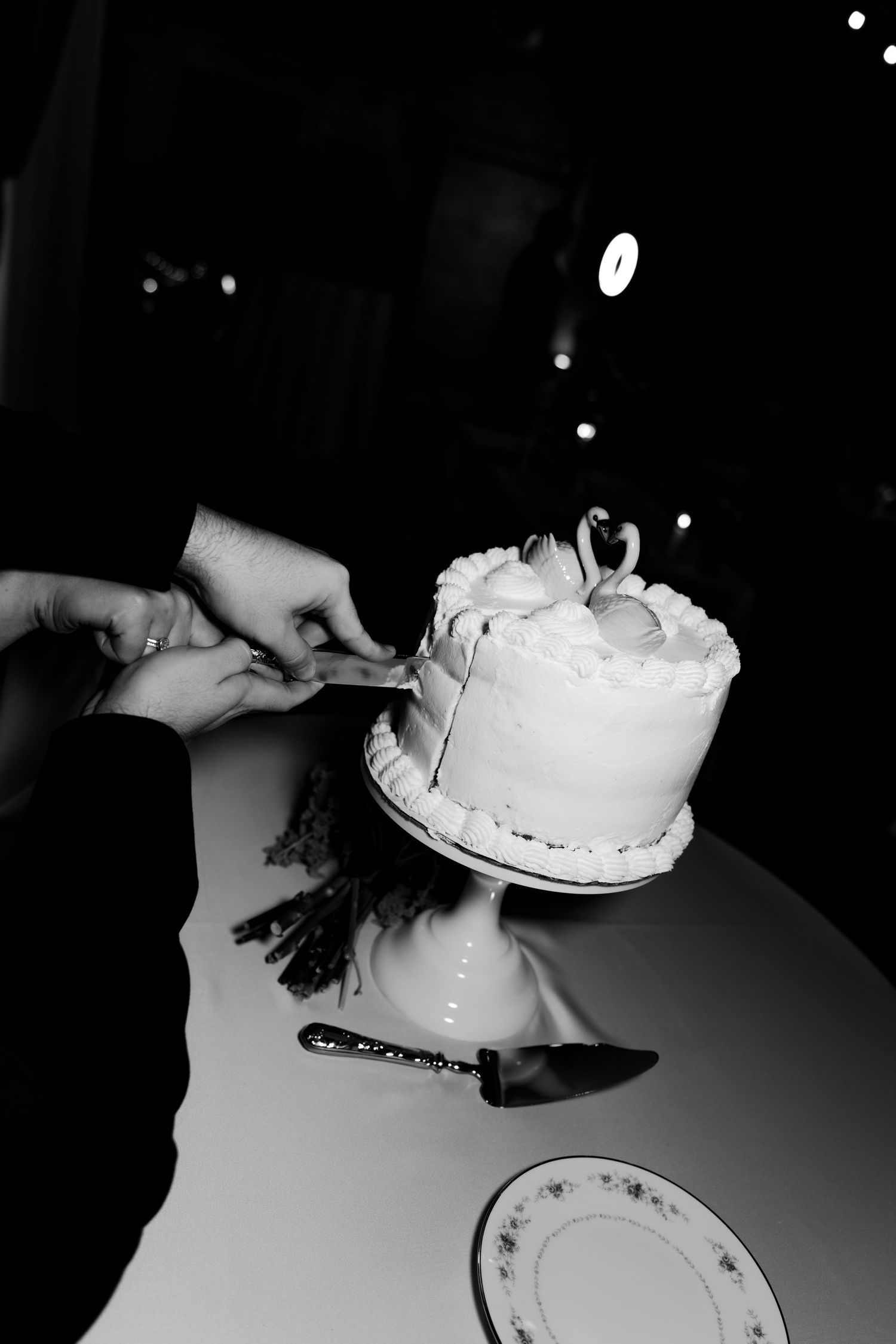 Close up of hands with wedding rings against white lace dress details.