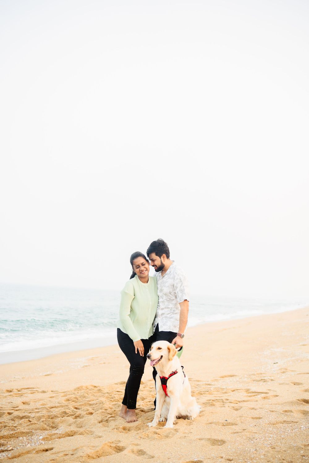 A couple plays with their golden retriever on a sandy beach.