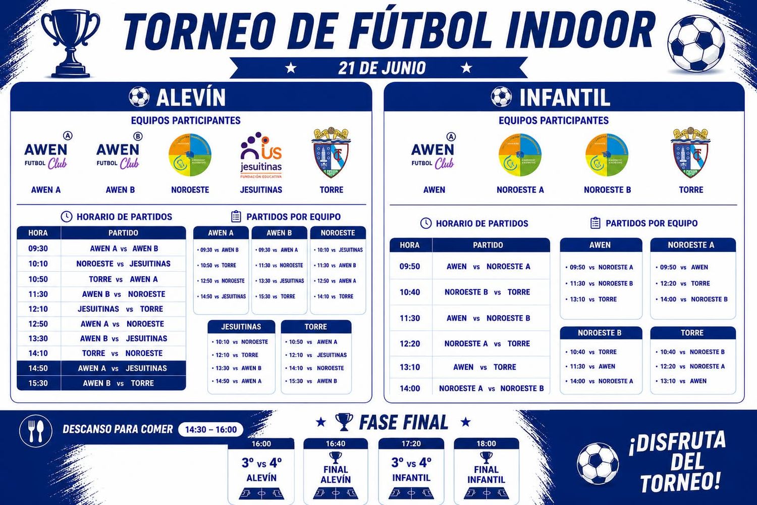 Cartel con el calendario del torneo de fútbol sala que muestra los partidos de las categorías Alevín e Infantil el 21 de junio.