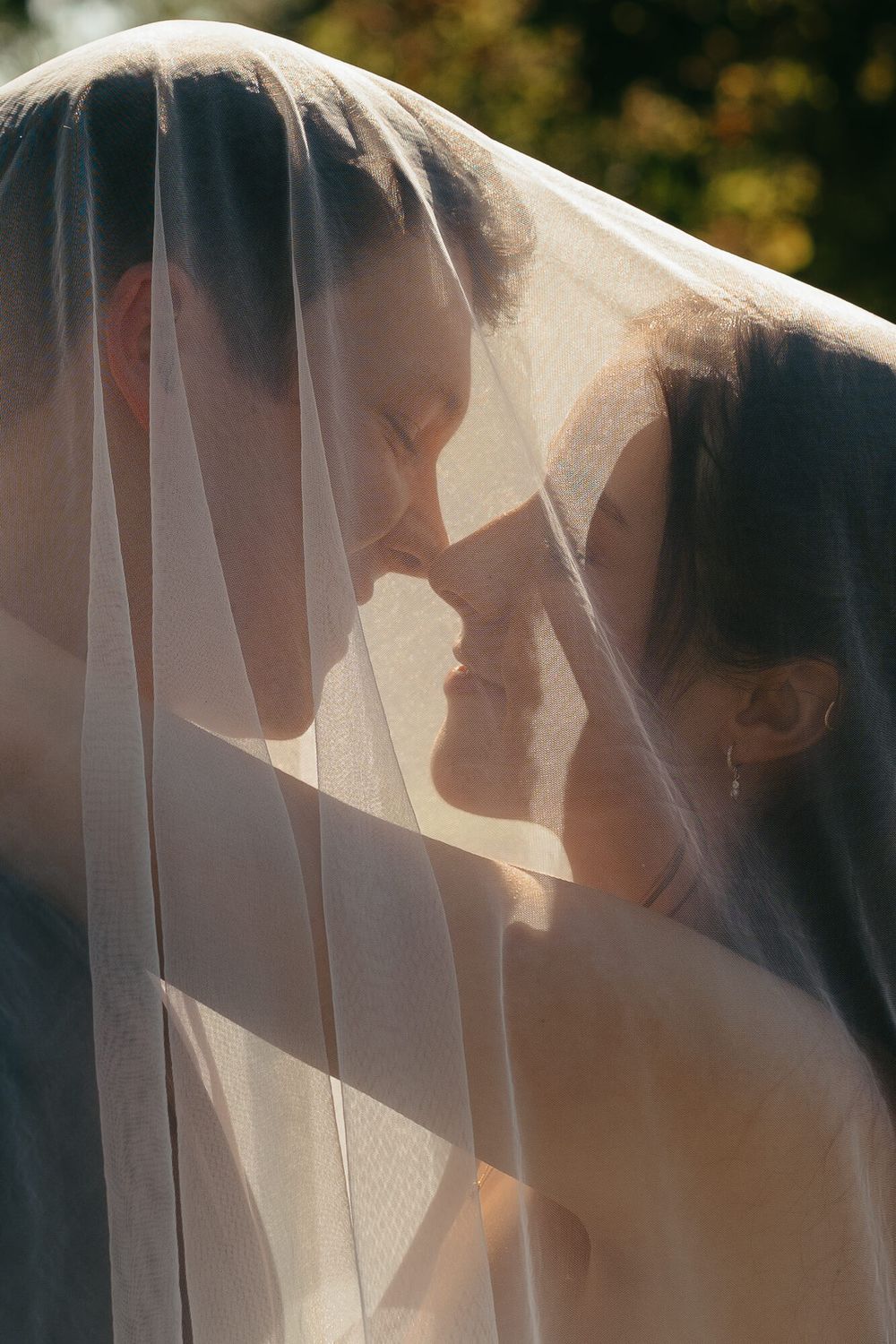 Bride and groom sharing an intimate moment under a sheer wedding veil, with soft sunlight filtering through.