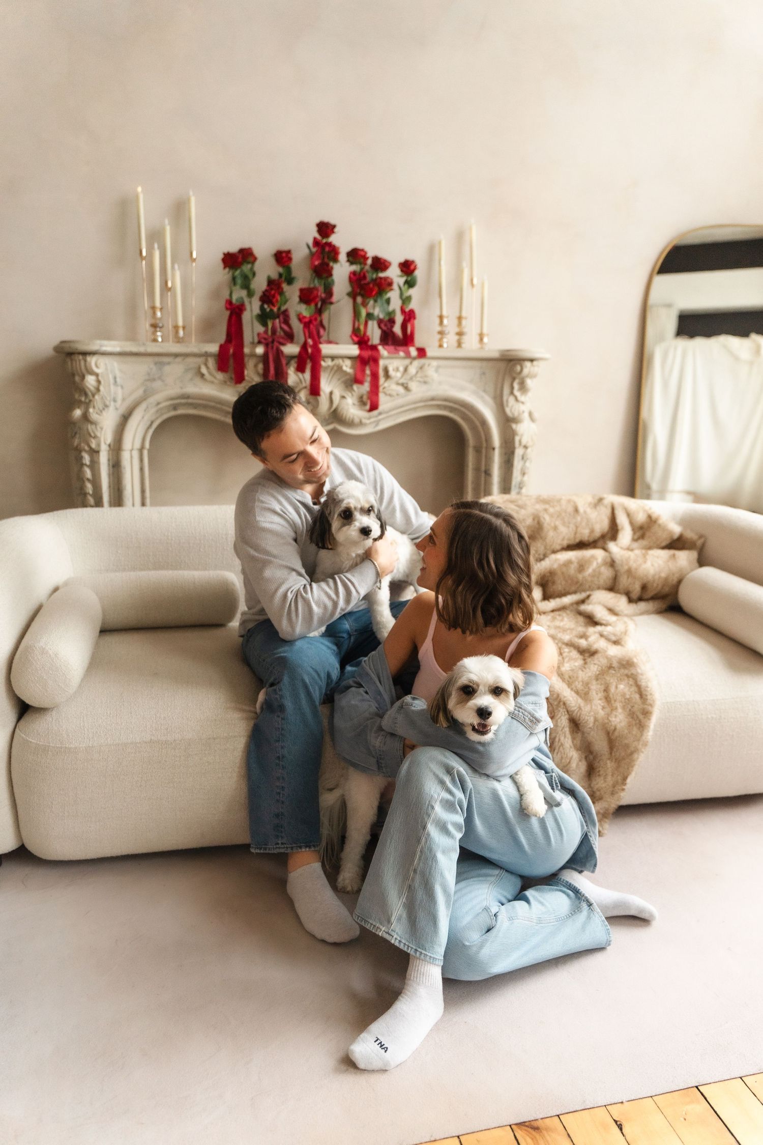 couples indoor studio session with dogs at the studio at the velvet mill located in Stonington connecticut