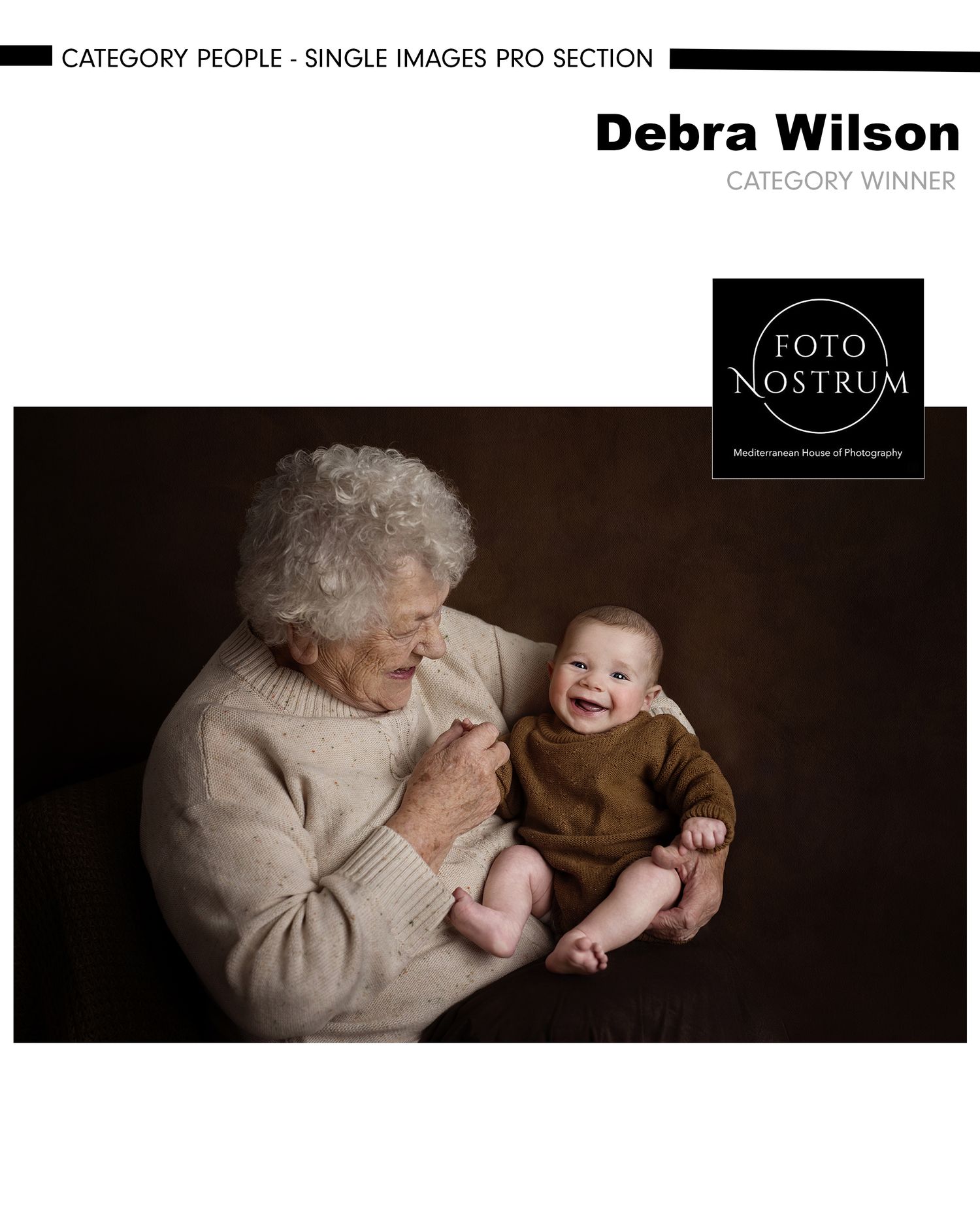 Award-winning photo of elderly woman lovingly holding a laughing baby, winner of Foto Nostrum People category.