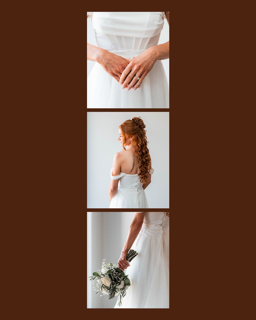 A bride in a white gown holds a bouquet, showcasing her ring, braided hair, and elegant dress in a triptych portrait.