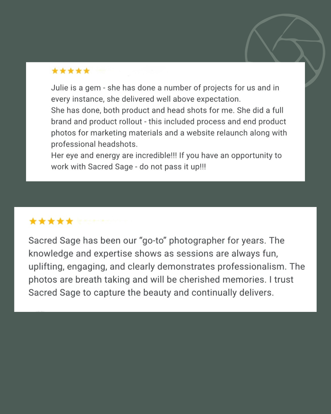 Two five-star customer reviews praising Sacred Sage photographer for professional headshots, branding, and product photography services.