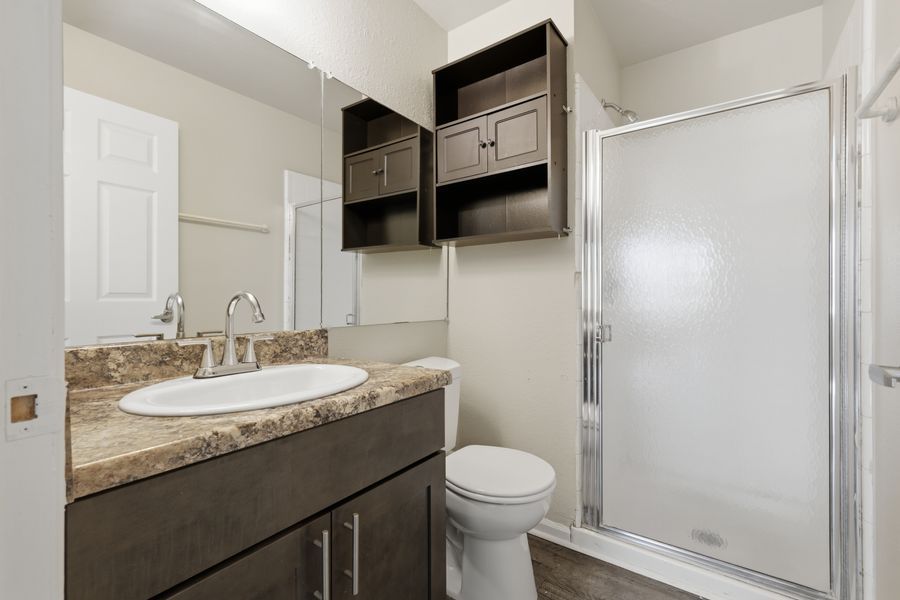 Modern bathroom with dark wood vanity, granite countertop, walk-in glass shower, and wall-mounted storage cabinet.
