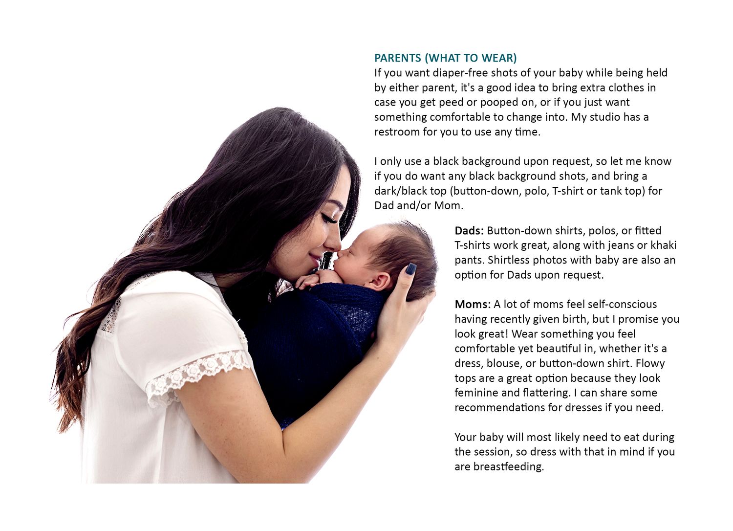 A mother tenderly kisses her baby while reading parenting tips about what to wear for a newborn photo session.