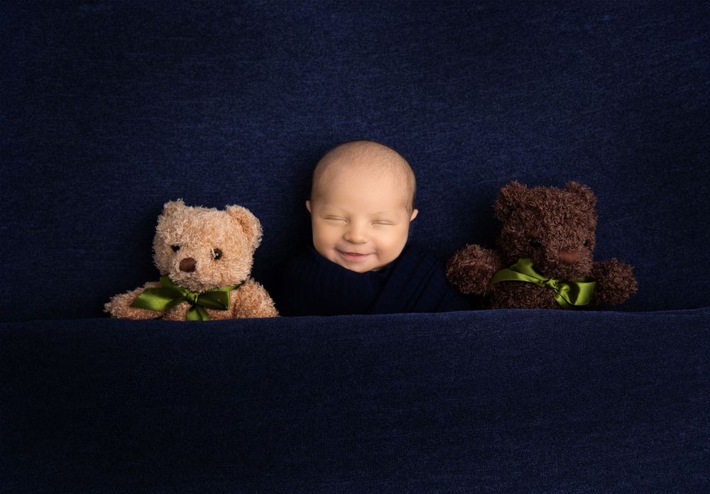 Navy Blue Newborn Session - Baby Smiling with Teddy Bears - Dawn Talia Photography - Port Chester, NY