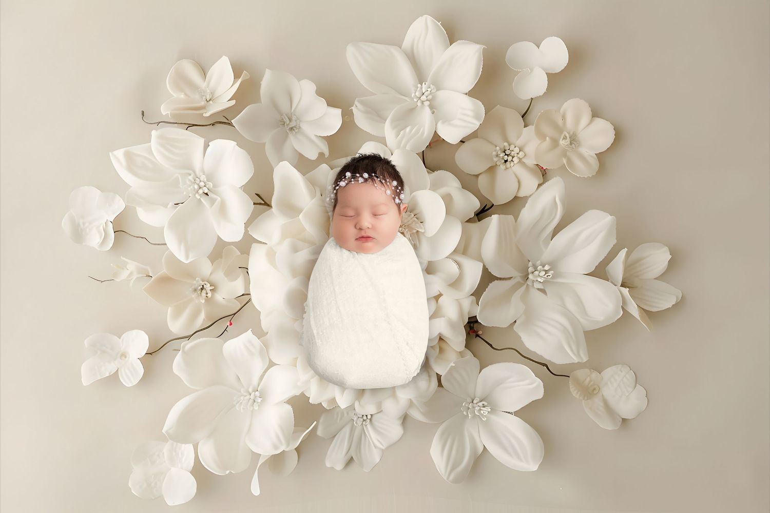 Newborn baby swaddled in white wrap surrounded by large cream flowers in a serene studio portrait.