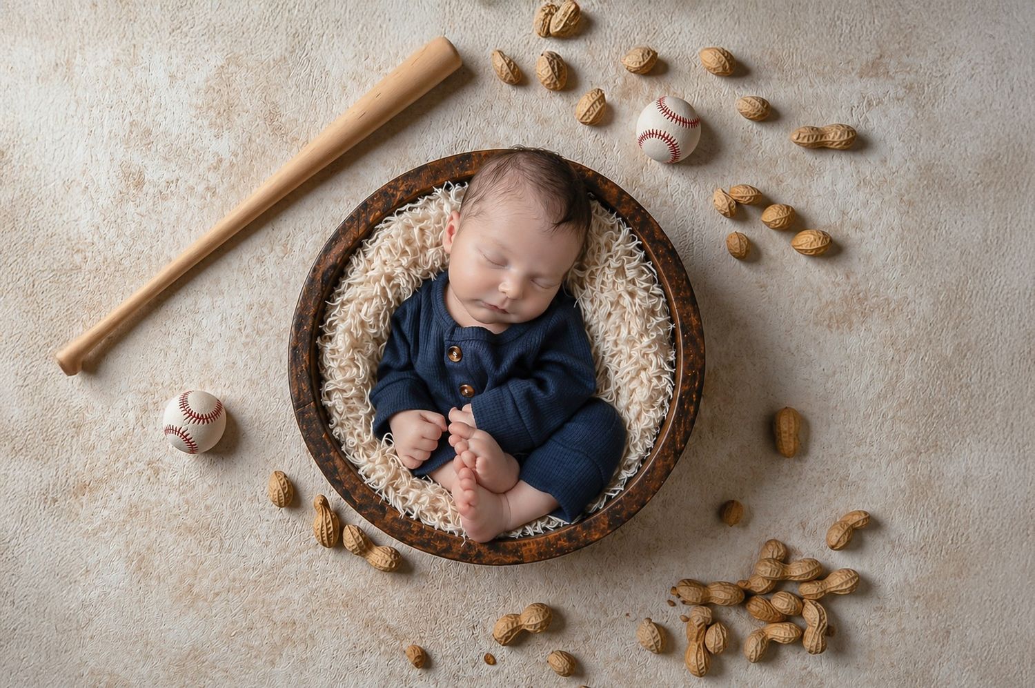 Newborn baby sleeping in a wooden bowl surrounded by baseballs, a bat, and peanuts in a baseball-themed photo.