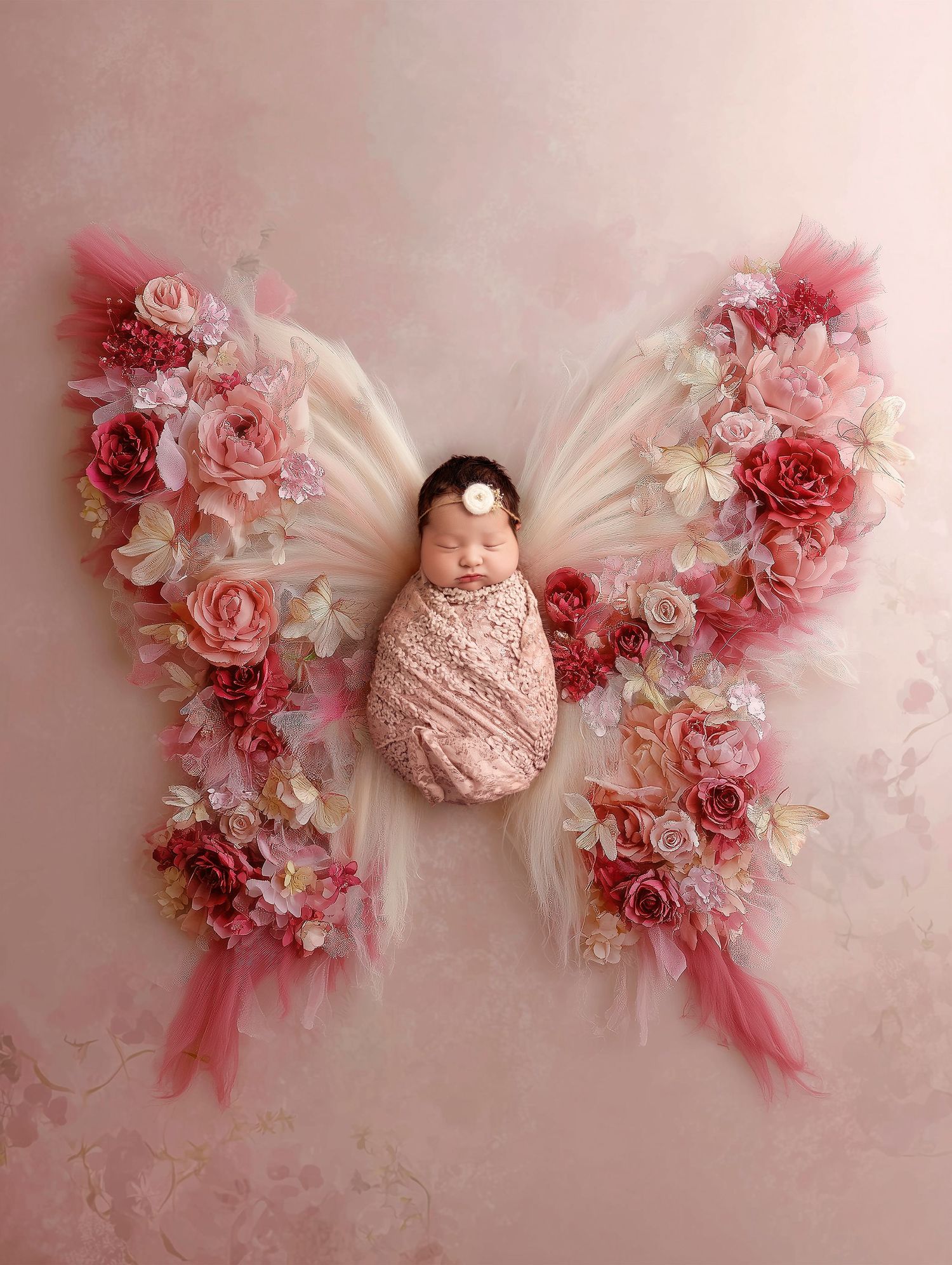 Newborn baby sleeping peacefully in a floral butterfly arrangement with pink roses and tulle wings.