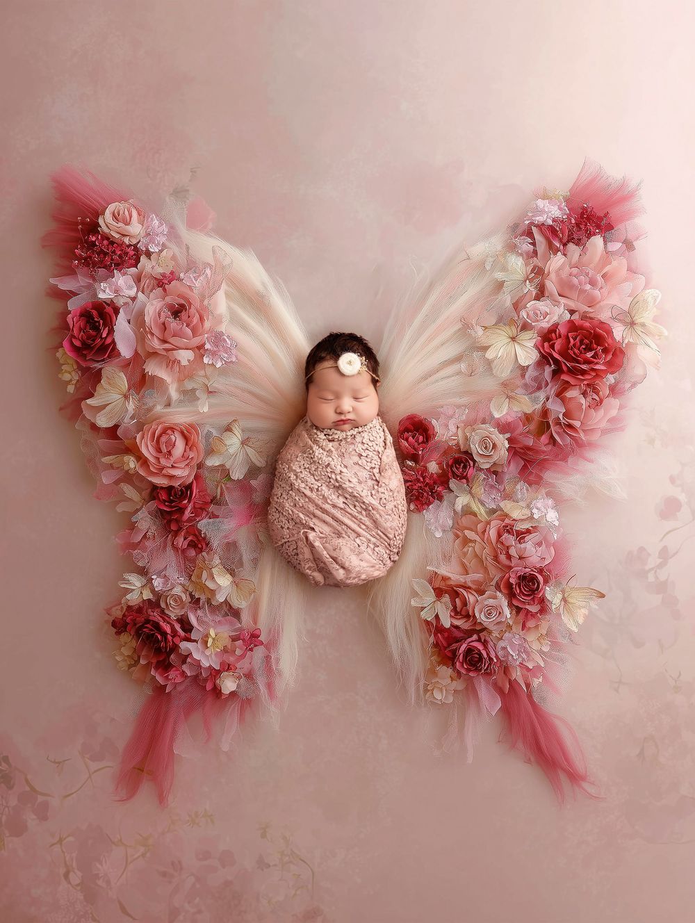 Newborn baby sleeping peacefully in a floral butterfly arrangement with pink roses and tulle wings.