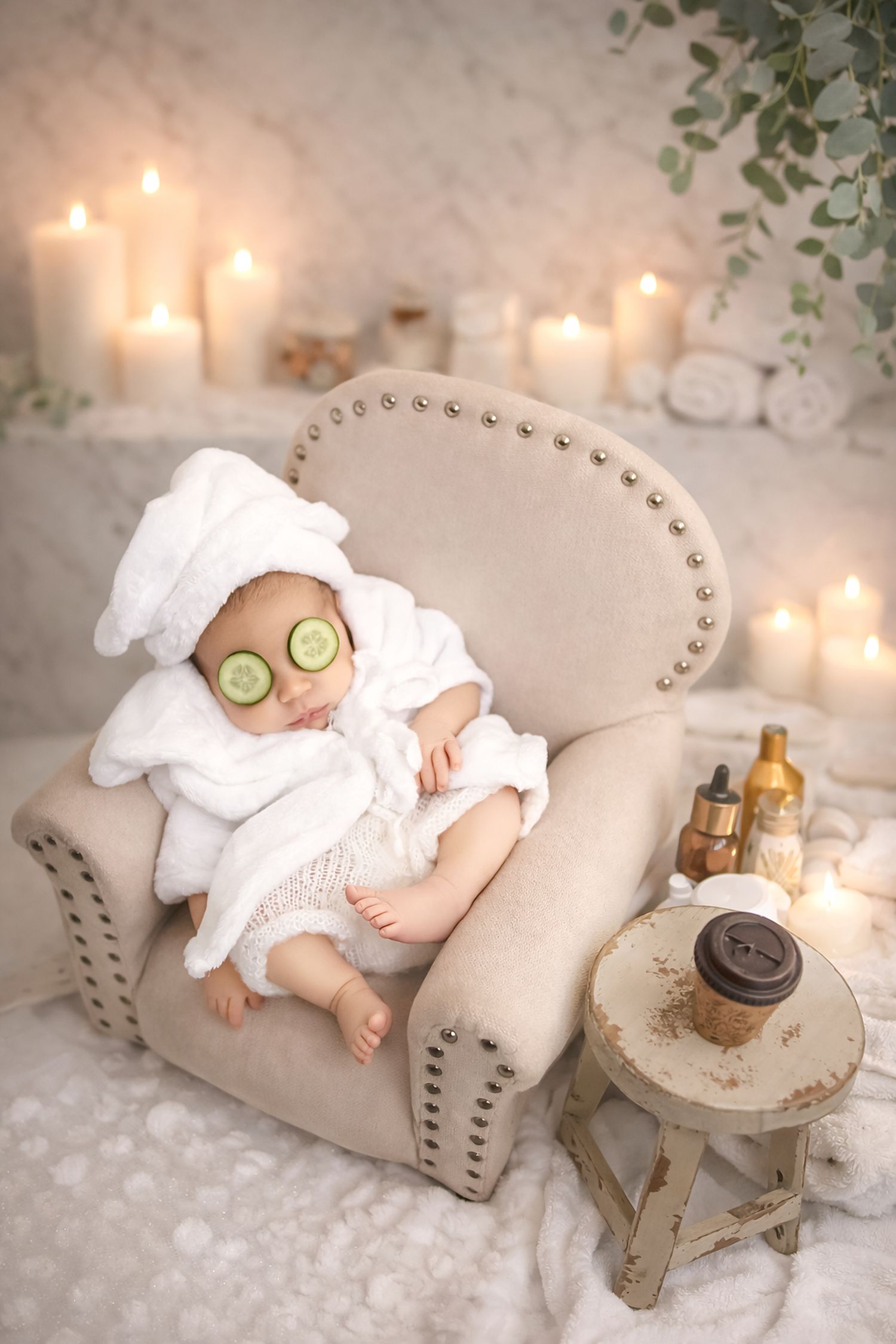 Adorable baby in white bathrobe and towel turban relaxes in chair with cucumber eye slices in spa-themed setting.