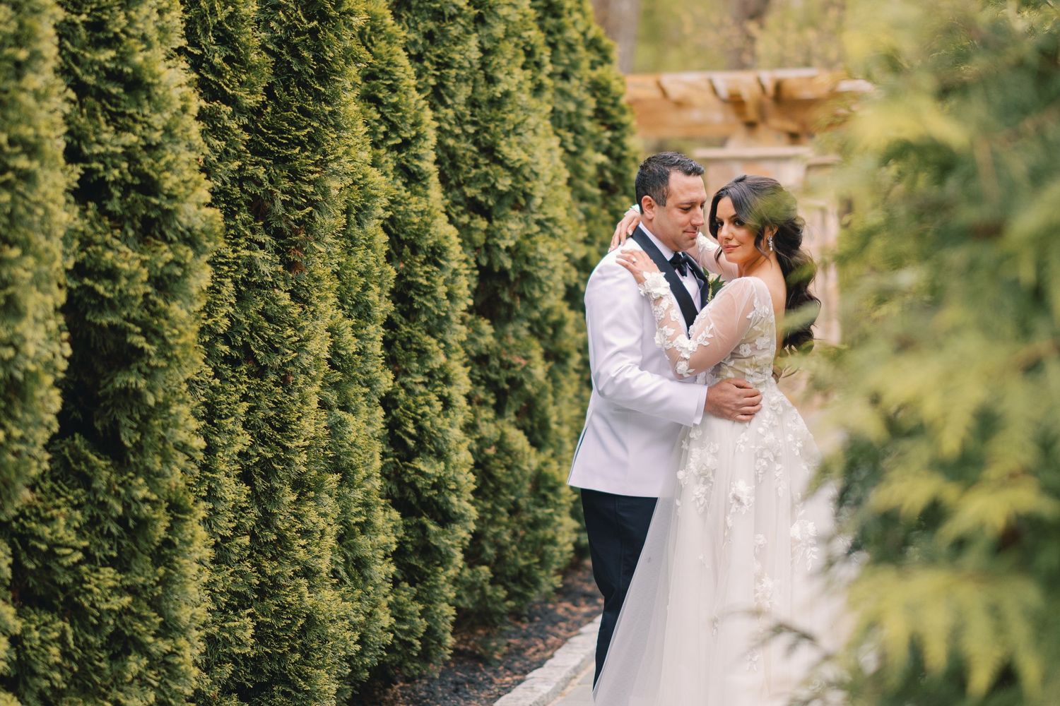 Bride and groom sharing a romantic embrace between tall evergreen trees.