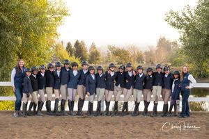 Strides Riding Academy IEA team group photo in Petaluma, CA, featuring youth equestrians in show attire