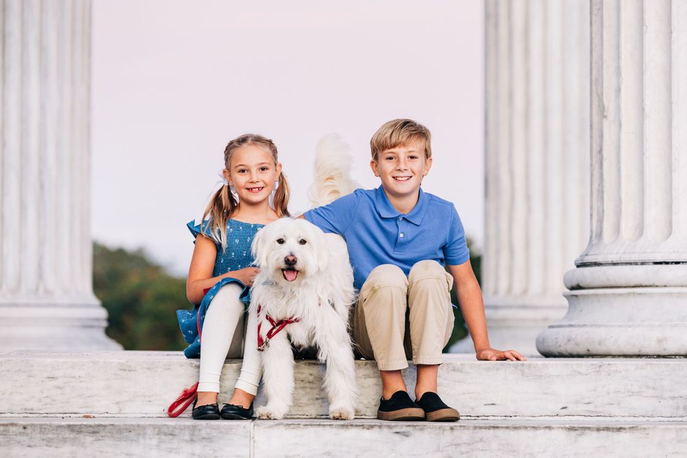 Classic family portrait session with white columns and architectural details.