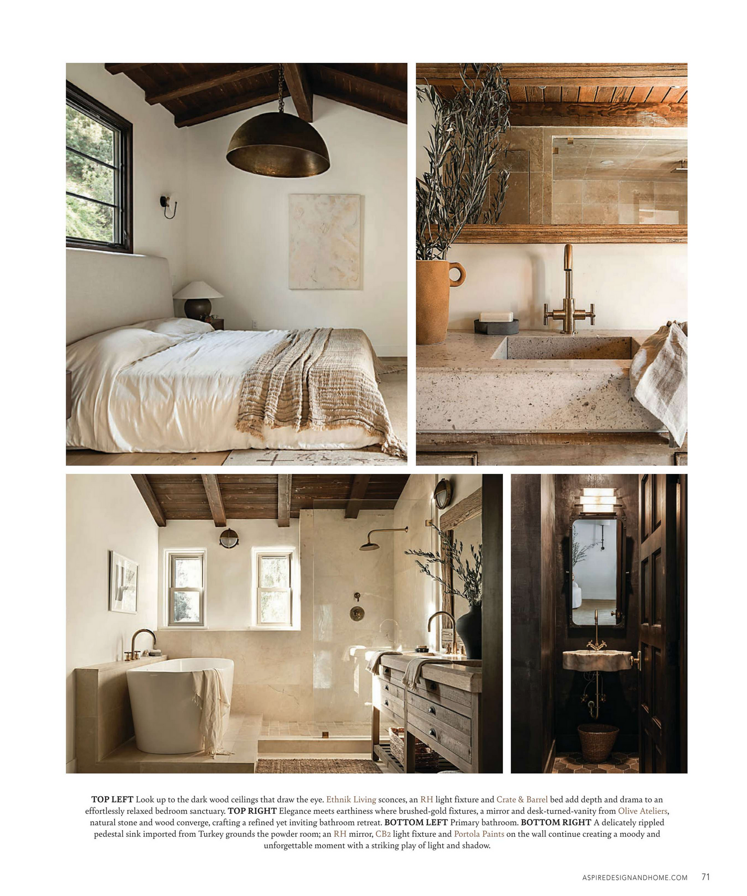Collage of neutral-toned interior spaces showing bedroom, bathroom, and living areas with rustic elements.