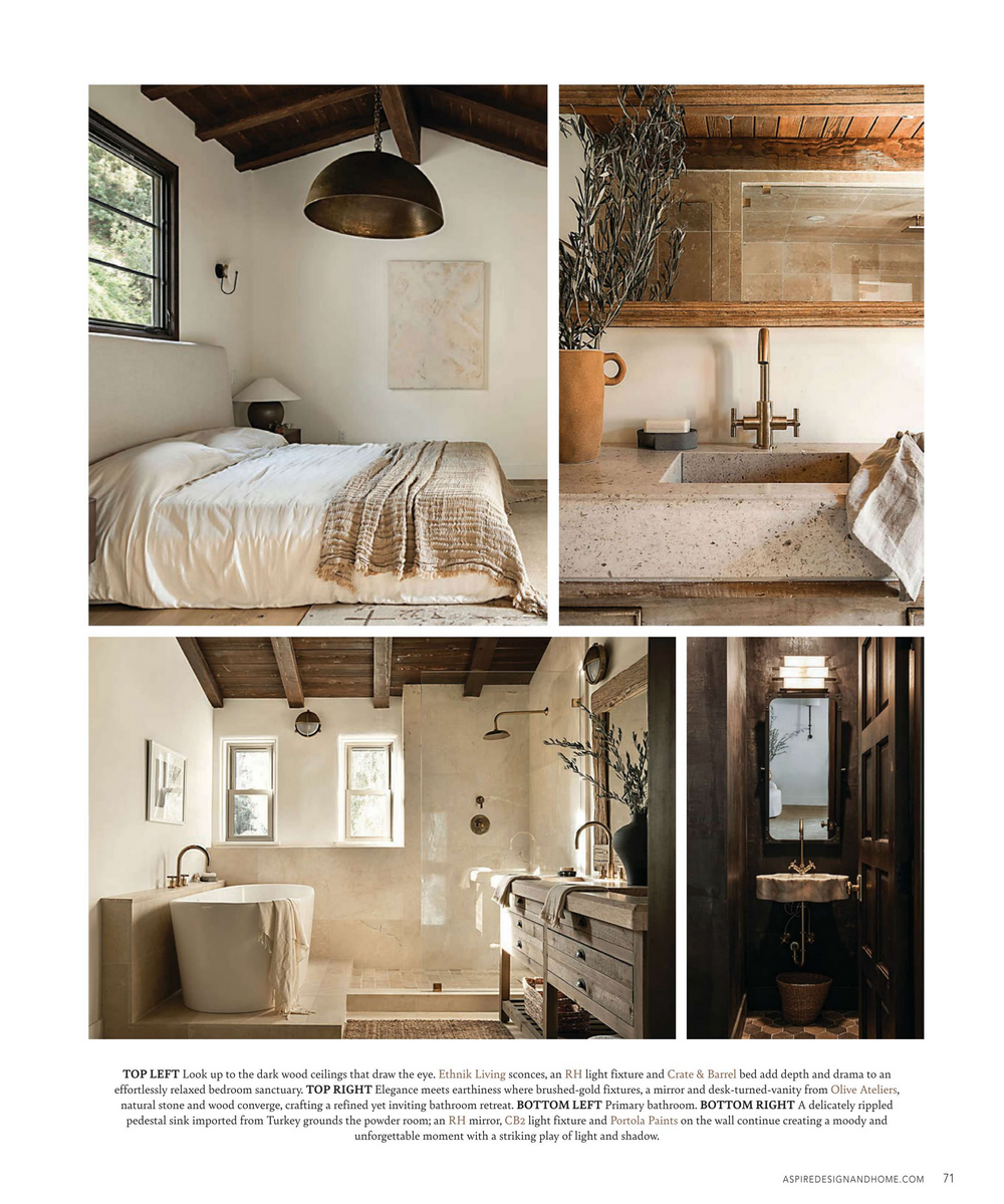 Collage of neutral-toned interior spaces showing bedroom, bathroom, and living areas with rustic elements.