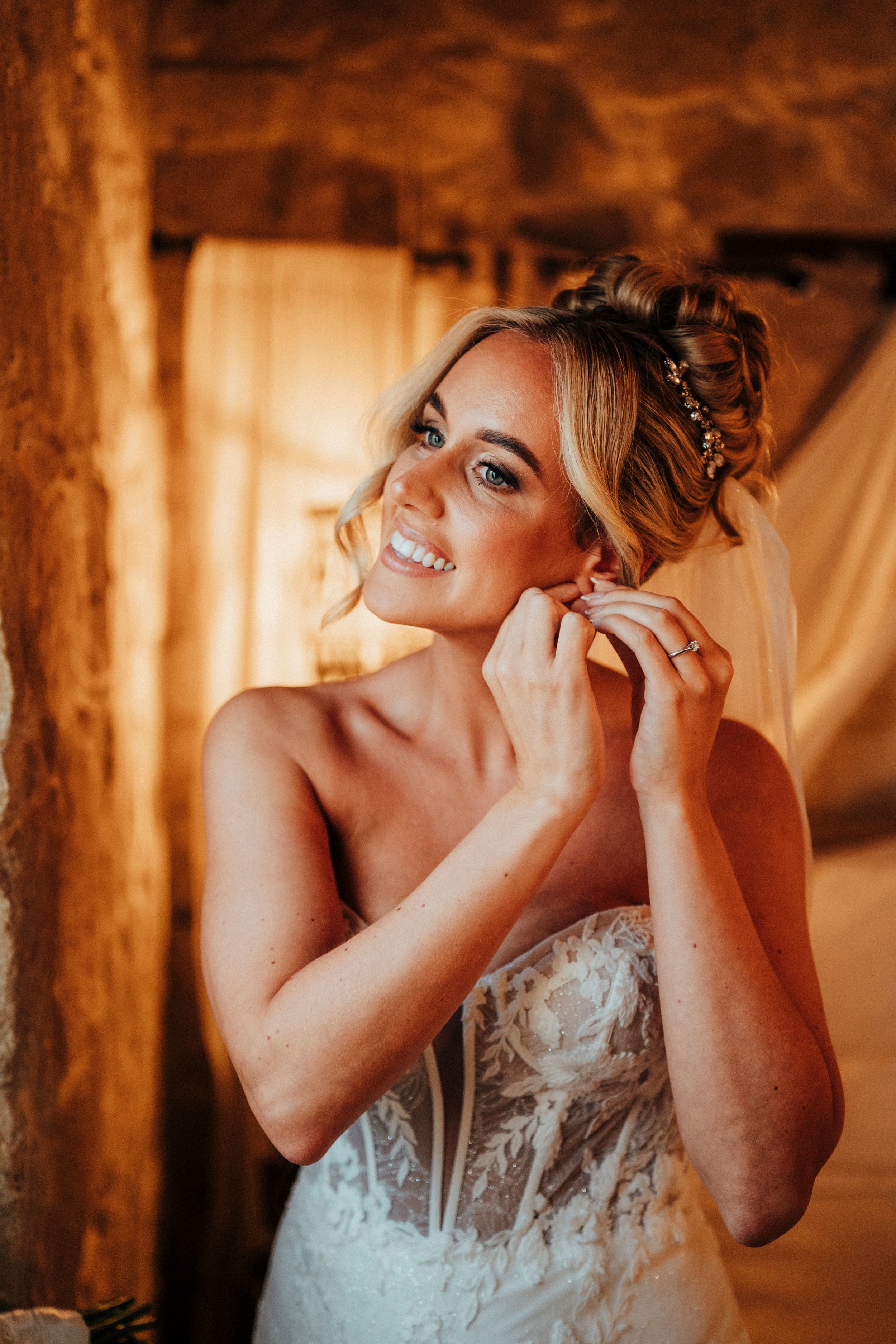 A sequence of candid bridal portraits showing joyful expressions in warm rustic lighting.