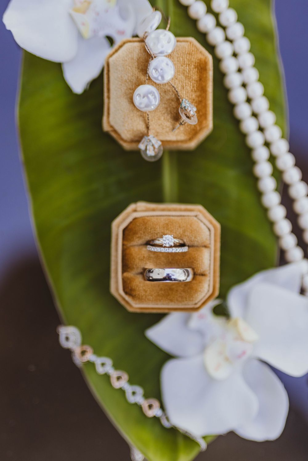 Wedding rings and pearl jewelry displayed on velvet ring boxes with white orchids and green leaves.