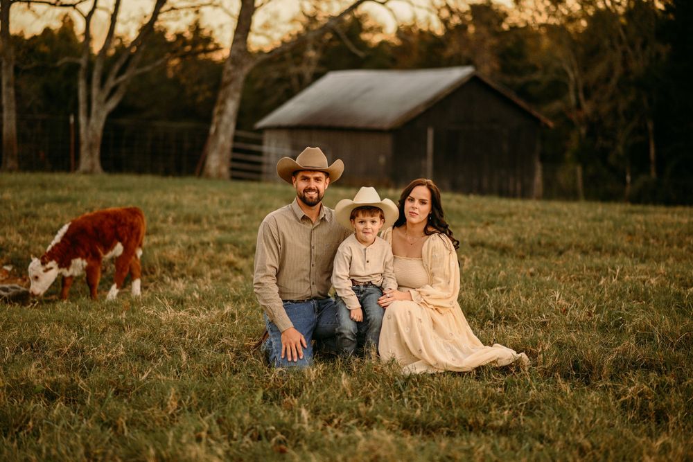 Rustic family photoshoot in a grassy field with cattle at sunset.
