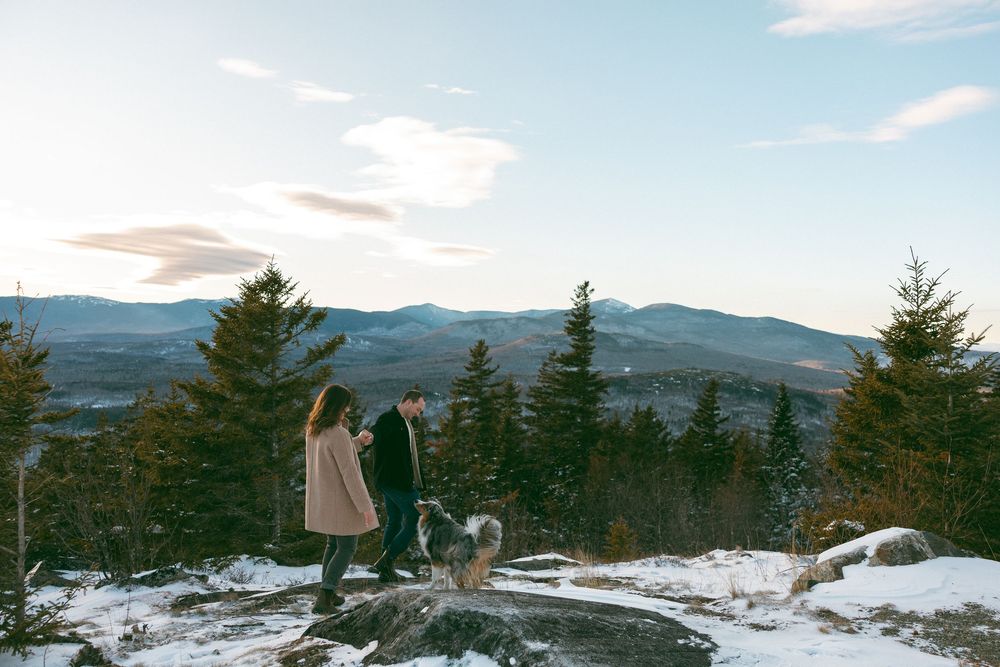 A panoramic view of snow-covered mountains and evergreen forests stretching across multiple connected landscape shots.