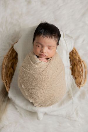 Sleeping newborn swaddled in beige wrap lying on white fabric between brown dried floral arrangements in his auburn hills michigan home