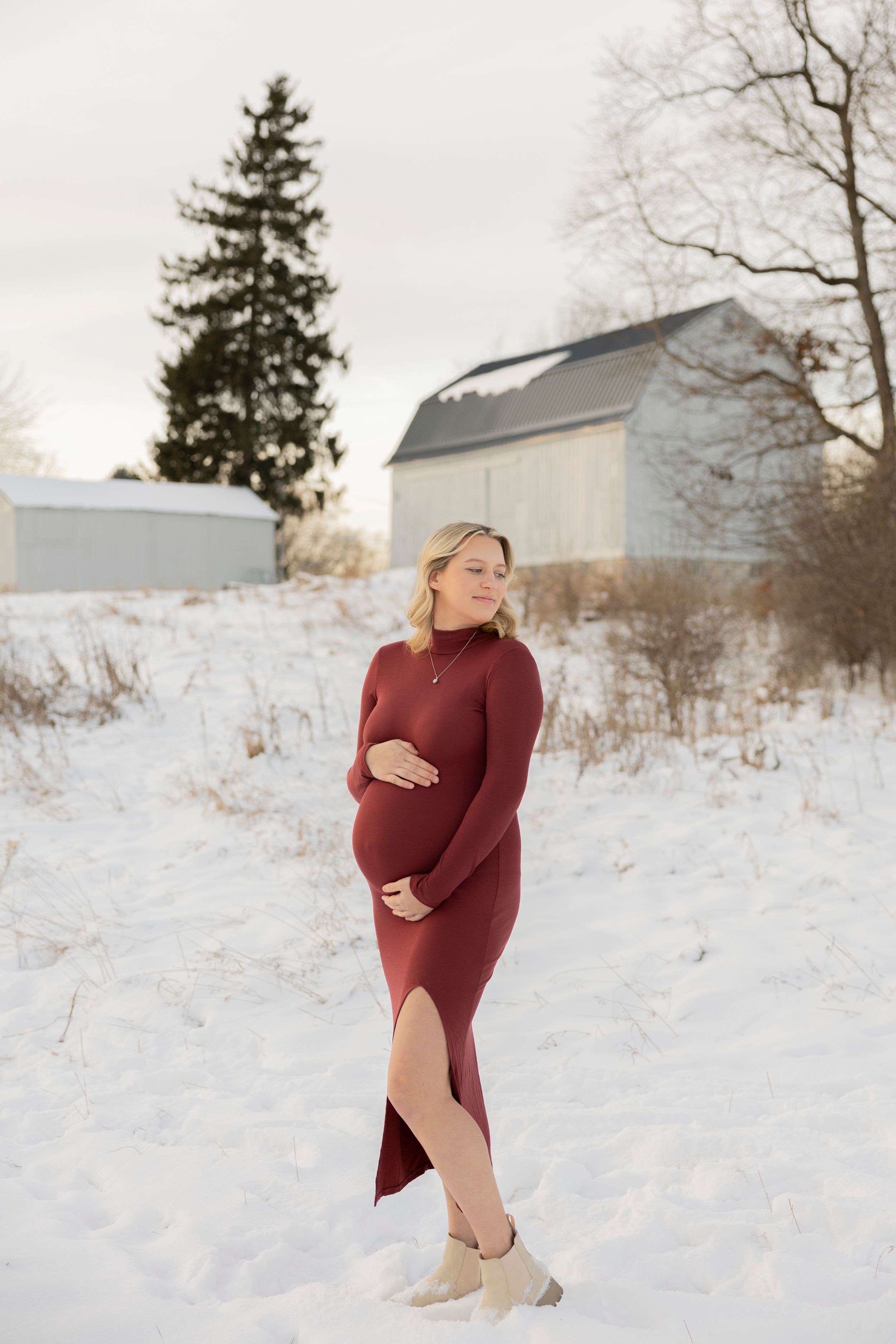Maternity photoshoot in snowy winter landscape with woman in a dress posing gracefully against white backdrop at troy farm park Michigan