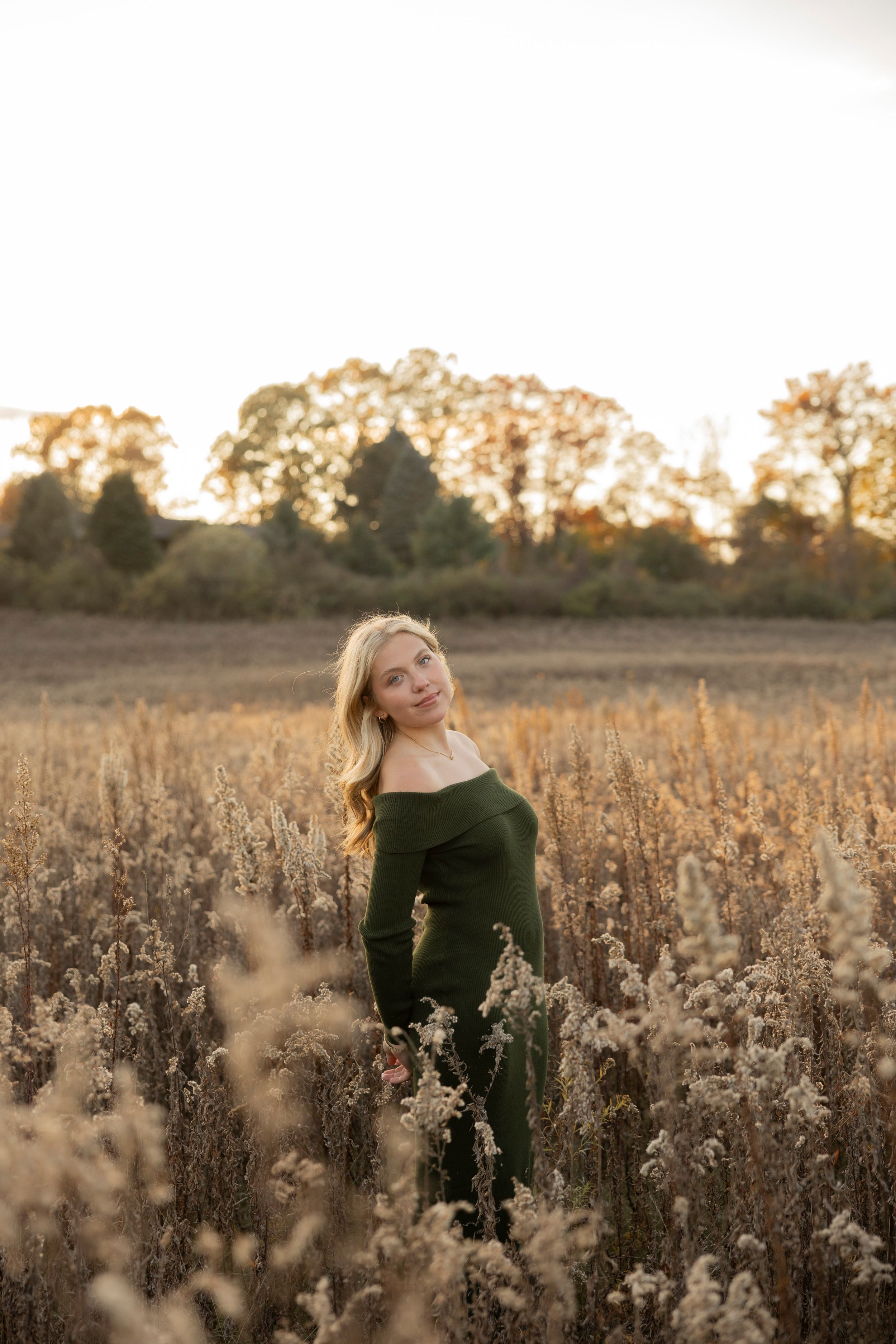 Dreamy outdoor senior photos in a golden field at sunset with soft natural lighting and dried plants in the foreground in the winter
