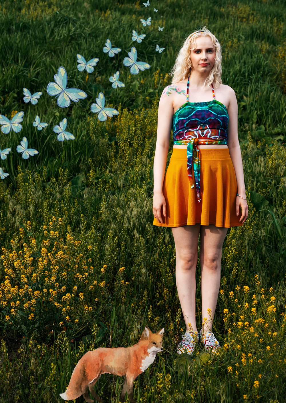 Whimsical outdoor portrait with orange fox and digital butterflies in wildflower meadow.