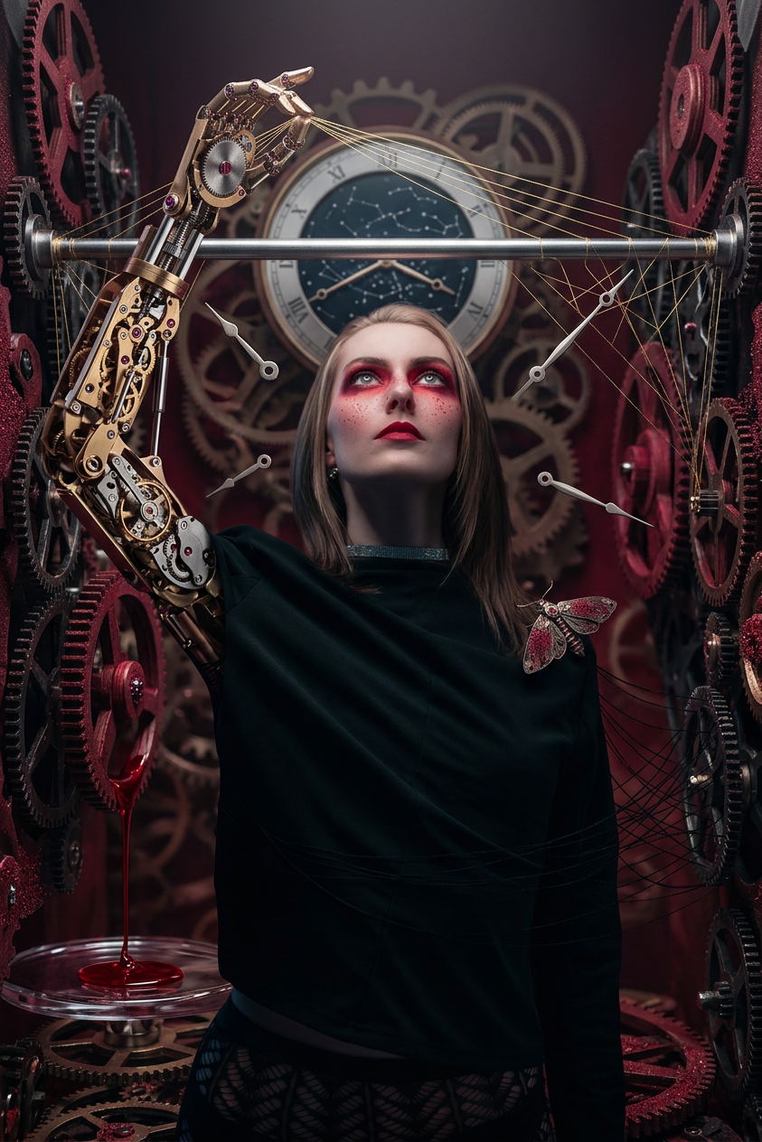 Steampunk woman with red eyes, mechanical arm, gears, and clock backdrop in dramatic dark fantasy art.