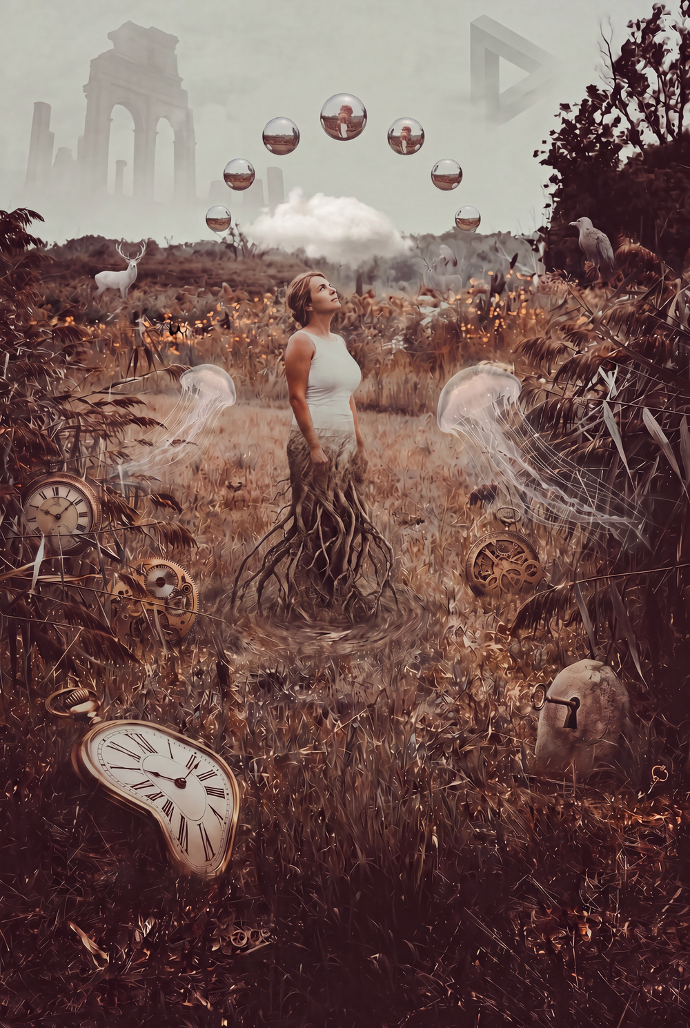 Surreal digital art of a woman standing in a field with floating clocks, spheres, jellyfish, and ancient ruins in a dreamlike scene.
