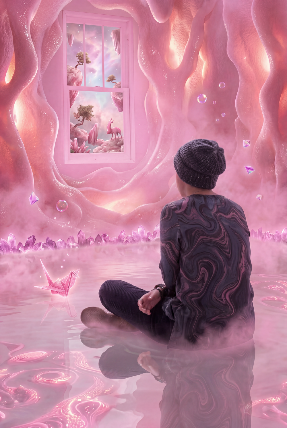 Person meditating in a dreamy pink crystal cave with glowing butterflies and a magical window view.