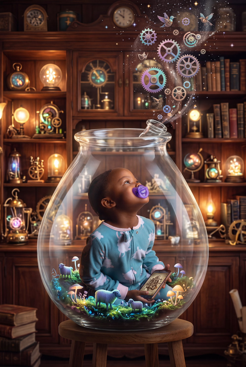 A Black baby in pajamas sits in a glass bowl with miniature scenery, surrounded by steampunk gears and magical elements.
