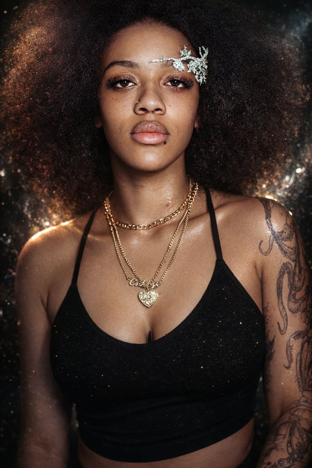 Young Black woman with afro hair, gold layered necklaces, black crop top, and arm tattoo poses against starry background.