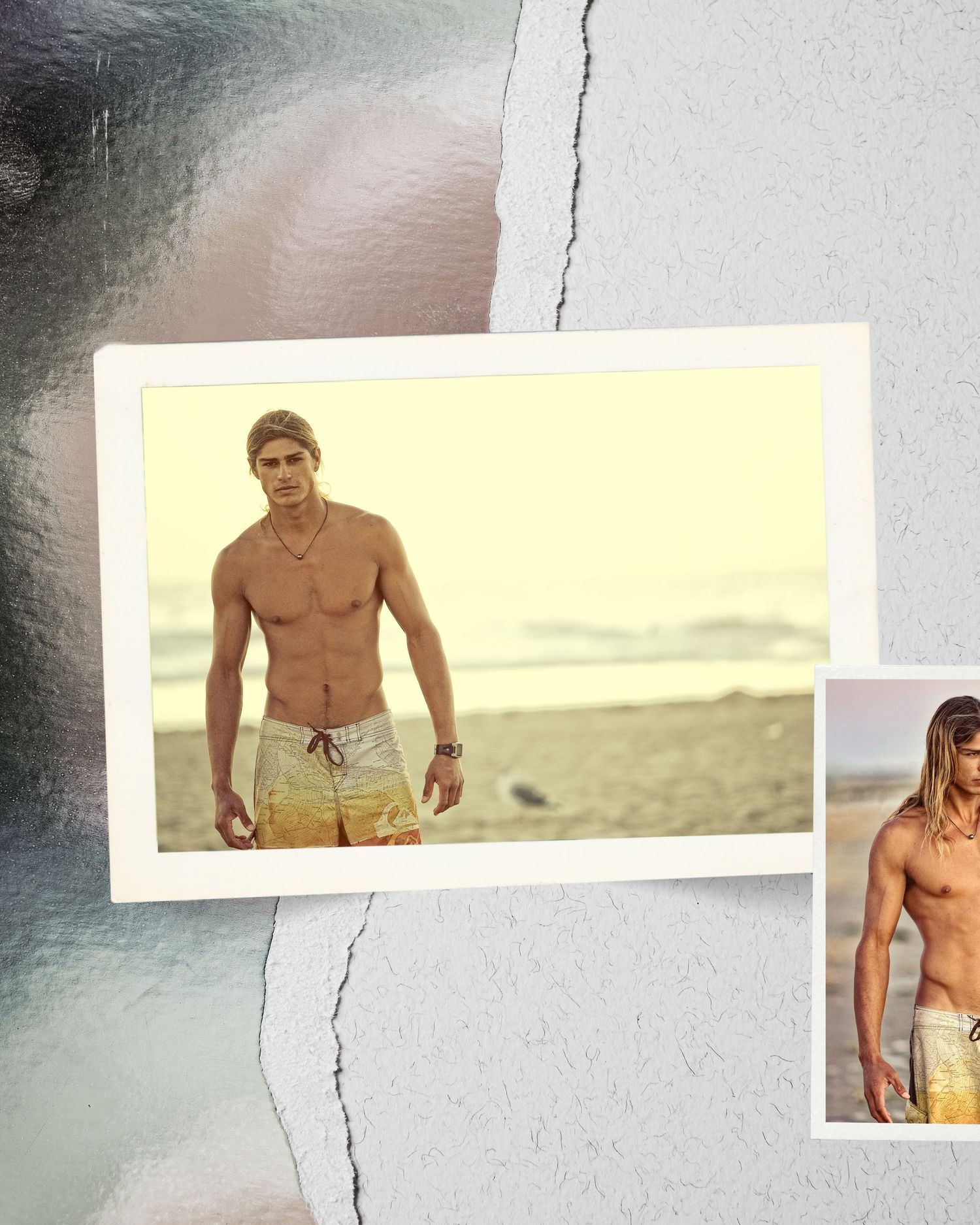 Shirtless man in board shorts standing on a beach, displayed as a Polaroid photo on a textured background.